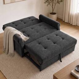 BTM Convertible Sleeper Loveseat Pull Out Sofa Storage Pocket in Dark Grey