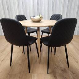 KOSY KOALA Round Oak Effect Kitchen Dining Table With 4 Black Faux Leather Padded Chairs Dining Set - thumbnail 2