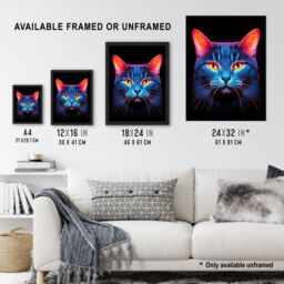 "Artery8 Wall Art Print Luminescent Cat Painting Orange Purple Blue High Contrast Pet Portrait Neon on Black Design Poster - Size: W18"" x H24""" - thumbnail 3