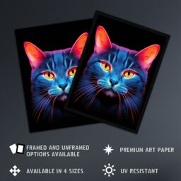 "Artery8 Wall Art Print Luminescent Cat Painting Orange Purple Blue High Contrast Pet Portrait Neon on Black Design Poster - Size: W18"" x H24""" - thumbnail 2