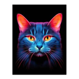 "Artery8 Wall Art Print Luminescent Cat Painting Orange Purple Blue High Contrast Pet Portrait Neon on Black Design Poster - Size: W18"" x H24""" - thumbnail 1