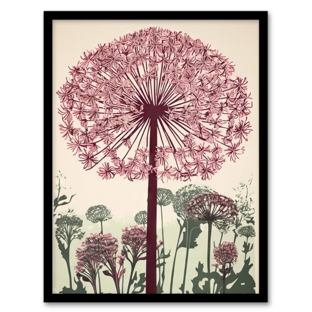 Artery8 Wall Art Print Allium Flower Blooms Linocut Painting Pink Green Wildflower Spring Field Nature Colourful Bright Floral Modern Artwork Art - image 1