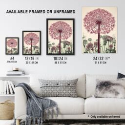 Artery8 Wall Art Print Allium Flower Blooms Linocut Painting Pink Green Wildflower Spring Field Nature Colourful Bright Floral Modern Artwork Art - thumbnail 3
