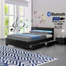 Harmin LUXURY LED, MUSIC, Bluetooth, Speakers, USB, Faux Leather Frame in Black - Size: Double
