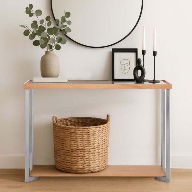 Orsina Console Table With Open Shelf, Black & Gold Finish Accent Table With Sturdy Metal Legs, Luxe Hallway Table in Beige - image 1