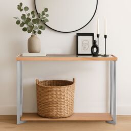 Orsina Console Table With Open Shelf, Black & Gold Finish Accent Table With Sturdy Metal Legs, Luxe Hallway Table in Beige