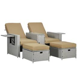 Wyld Haus Cream Rattan Garden Reclining Sun Lounger Set Storage Table Footstools in Beige - thumbnail 2