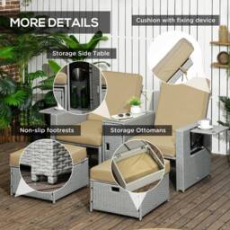 Wyld Haus Cream Rattan Garden Reclining Sun Lounger Set Storage Table Footstools in Beige - thumbnail 7