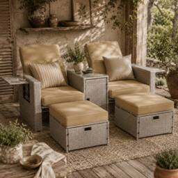 Wyld Haus Cream Rattan Garden Reclining Sun Lounger Set Storage Table Footstools in Beige