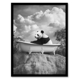 Artery8 Panda Bear in Elegant Bathtub Black White Surreal Framed Art Print in Grey - Size: A4 - thumbnail 1