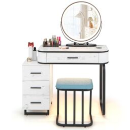 Costway Dressing Table Vanity Set Makeup Stool w/ Charging Station & 3Color Lighted Swivel Mirror & 3Drawer Chest in White - thumbnail 3