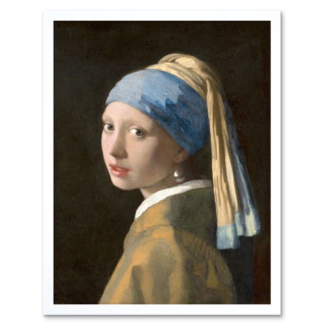 "Artery8 Wall Art Print Johannes Vermeer With a Pearl Earring Old Master Painting Portrait Art Framed in White - Size: W12"" x H16""" - image 1