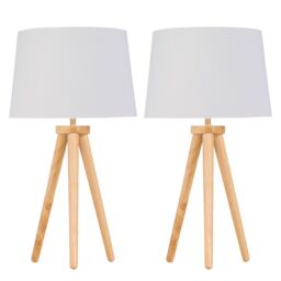 First Choice Lighting Set of 2 Light Oak Table Lamp or Bedside Lights with White Gold Shades in Brown