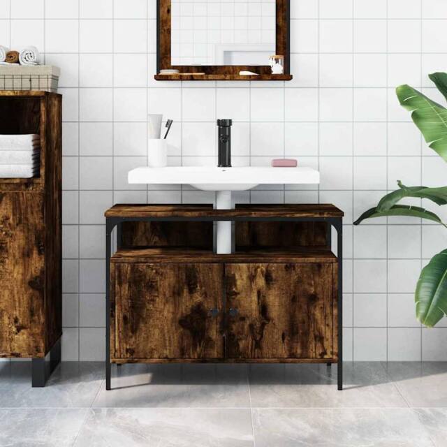 Berkfield Home Sturdy Bathroom Sink Cabinet Smoked Oak 80x30x60 cm Engineered Wood in Brown - Size: 80 x 30 x 60 cm - image 1