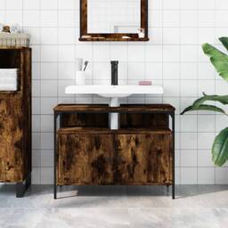 Berkfield Home Sturdy Bathroom Sink Cabinet Smoked Oak 80x30x60 cm Engineered Wood in Brown - Size: 80 x 30 x 60 cm - thumbnail 1