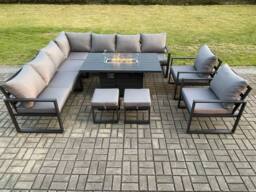Fimous Aluminium 11 Seater Garden Furniture Outdoor Set Patio Lounge Sofa Gas Fire Pit Dining Table Set with 2 Chairs Dark Grey - thumbnail 2