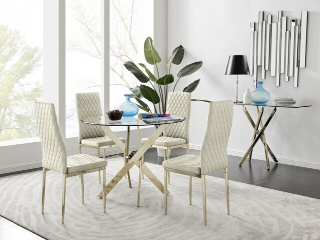 FurnitureboxUK Novara 100cm Round Tempered Glass Dining Table with Gold Legs & 4 Milan Velvet Chairs in Cream - image 1