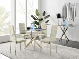 Novara 100cm Round Tempered Glass Dining Table with Gold Legs & 4 Milan Velvet Chairs