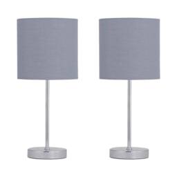 First Choice Lighting Set of 2 Chrome Touch Operated Table Lamp with Grey Cotton Shades in Silver