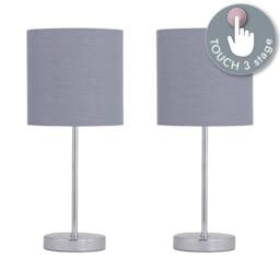 First Choice Lighting Set of 2 Chrome Touch Operated Table Lamp with Grey Cotton Shades in Silver - thumbnail 2