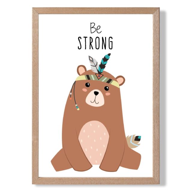 ARTZE Be Strong Bear Tribal Animal Quote Framed Print SIZE: A4 with Oak Frame in Brown - Size: A3 - image 1