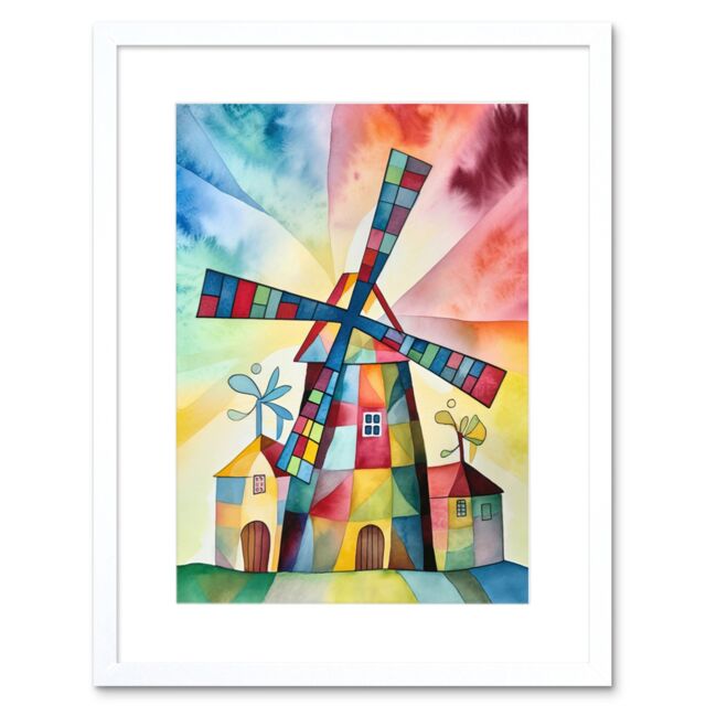 "Artery8 Wall Art Print Windmill Folk Art Abstract Bright Artwork Framed 9X7 Inch in White - Size: W7"" x H9""" - image 1