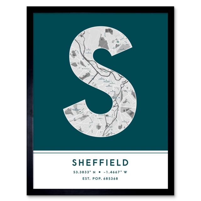 "Wee Blue Coo Wall Art Print Sheffield England United Kingdom City Map Modern Typography Stylish Letter Framed Word in Teal - Size: W12"" x H16""" - image 1