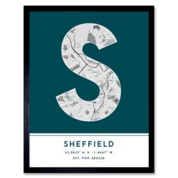 "Wee Blue Coo Wall Art Print Sheffield England United Kingdom City Map Modern Typography Stylish Letter Framed Word in Teal - Size: W12"" x H16""" - thumbnail 1