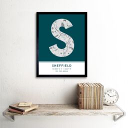 "Wee Blue Coo Wall Art Print Sheffield England United Kingdom City Map Modern Typography Stylish Letter Framed Word in Teal - Size: W12"" x H16""" - thumbnail 2