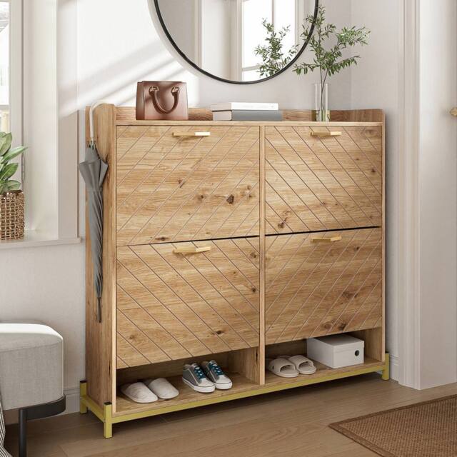 BTM Wooden Shoe Cabinet Rattan Doors Storage Shelf Metal Frame in Light Oak - image 1