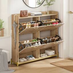 BTM Wooden Shoe Cabinet Rattan Doors Storage Shelf Metal Frame in Light Oak - thumbnail 3