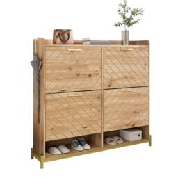 BTM Wooden Shoe Cabinet Rattan Doors Storage Shelf Metal Frame in Light Oak - thumbnail 2