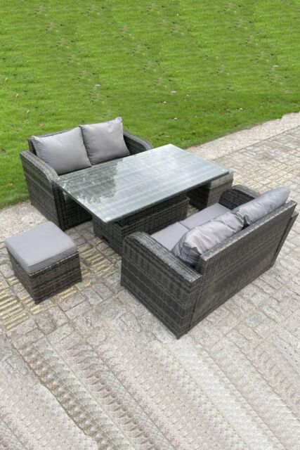 Fimous Rattan Garden Furniture Sofa Set Dining Table Height Adjustable Rising lifting Table Two Seater Sofa in Dark Grey - image 1