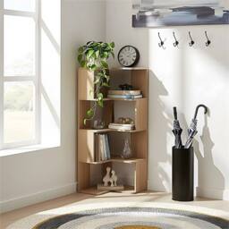 Nordara 4 Tier Wooden Corner Shelf Standing Bookcase Display Storage Shelving in Natural - Size: 100 cm x 15 cm - thumbnail 6