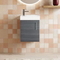 Balterley Saint Contemporary Bathroom Wall Hung 1 Soft-Close Door Vanity Unit & Rectangular Basin, Anthracite Woodgrain, 405 mm in Grey - thumbnail 9