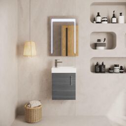 Balterley Saint Contemporary Bathroom Wall Hung 1 Soft-Close Door Vanity Unit & Rectangular Basin, Anthracite Woodgrain, 405 mm in Grey - thumbnail 2