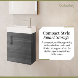 Balterley Saint Contemporary Bathroom Wall Hung 1 Soft-Close Door Vanity Unit & Rectangular Basin, Anthracite Woodgrain, 405 mm in Grey - thumbnail 6