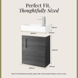 Balterley Saint Contemporary Bathroom Wall Hung 1 Soft-Close Door Vanity Unit & Rectangular Basin, Anthracite Woodgrain, 405 mm in Grey - thumbnail 5