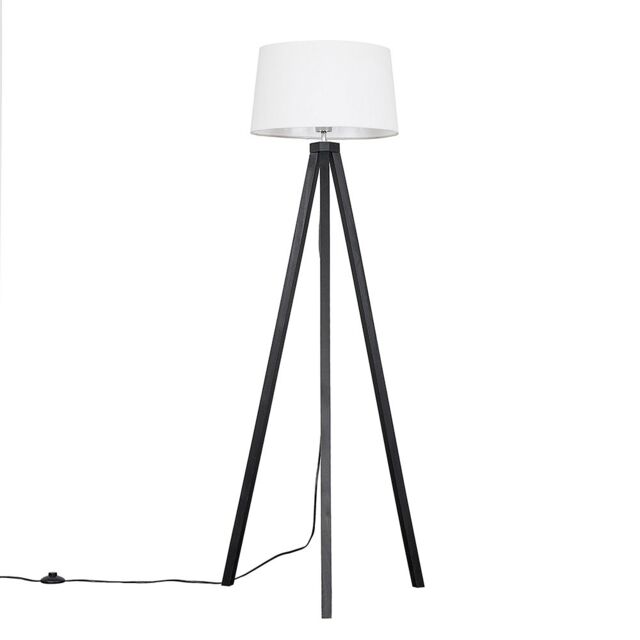 ValueLights Barbro Black Wood Tripod Floor Lamp with Linen Tapered Shade in White - image 1