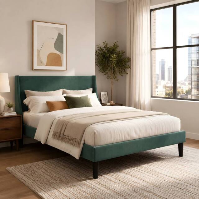 ModernLuxe Velvet upholstered double bed with winged headboard & wood slats in Green - image 1