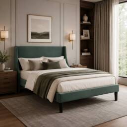 ModernLuxe Velvet upholstered double bed with winged headboard & wood slats in Green - thumbnail 3