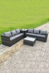 Fimous Outdoor Rattan Corner Sofa Set With 2 Coffee Table in Dark Grey - thumbnail 2