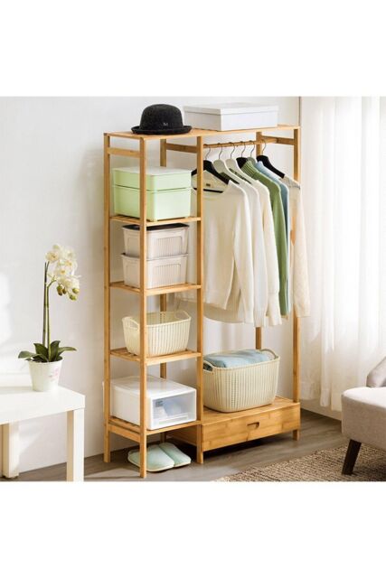 H&O Direct Wooden Clothes Rack with Hooks & Drawer in Brown - image 1