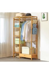 H&O Direct Wooden Clothes Rack with Hooks & Drawer in Brown - thumbnail 2