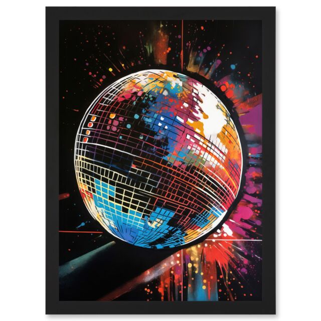 Artery8 Disco Ball Music Night Reflections Modern Spray Paint Painting Artwork Framed Wall Art Print A4 in Black - image 1