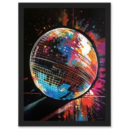 Artery8 Disco Ball Music Night Reflections Modern Spray Paint Painting Artwork Framed Wall Art Print A4 in Black - thumbnail 1