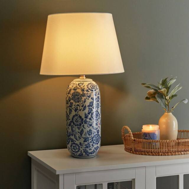 Wyld and Coco Blue Floral Porcelain Table Lamp with Linen Shade in White - image 1