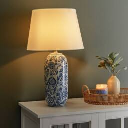 Wyld and Coco Blue Floral Porcelain Table Lamp with Linen Shade in White