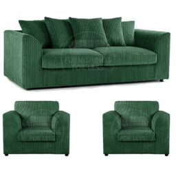 Furnishings For Less UK Luxor Jumbo Cord 3 + 1 + 1 Fabric 3 Piece Sofa Suite - Scatter Back in Green