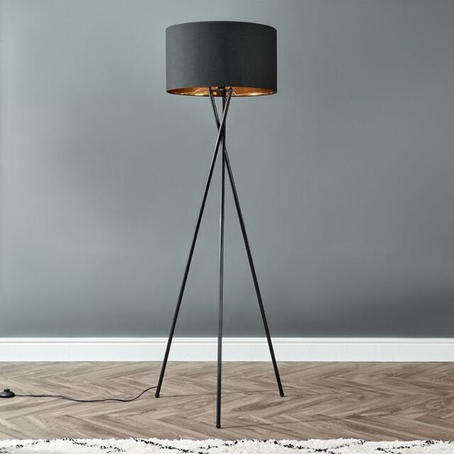 ValueLights Camden Black Metal Tripod Floor Lamp with Black & Gold Lamp Shade - image 1